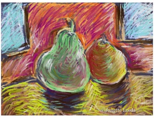a drawing of two pears