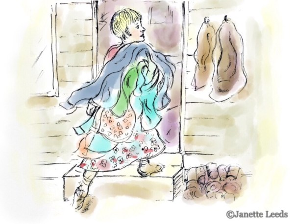 Women running up steps with washing