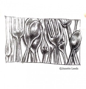 spoons and forks, pencil drawing