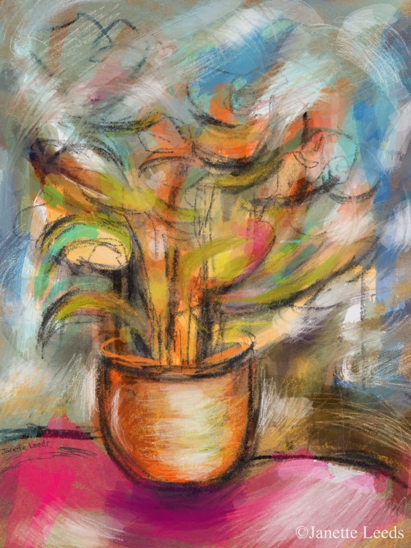 Painting of a vase of flowers.