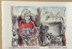 Drawing of a woman and two dogs