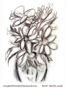 Pencil drawing of a vase of flowers
