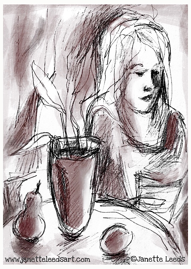 Drawing of a woman reading