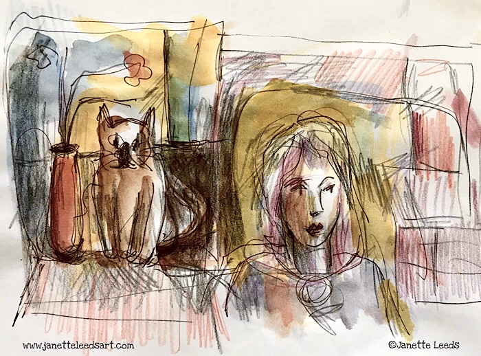 Drawing of a cat and a women
